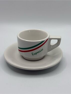 VTG Italian ACF Espresso Cup & Saucer Set White W/ Red Green Stripes 2 Ozs